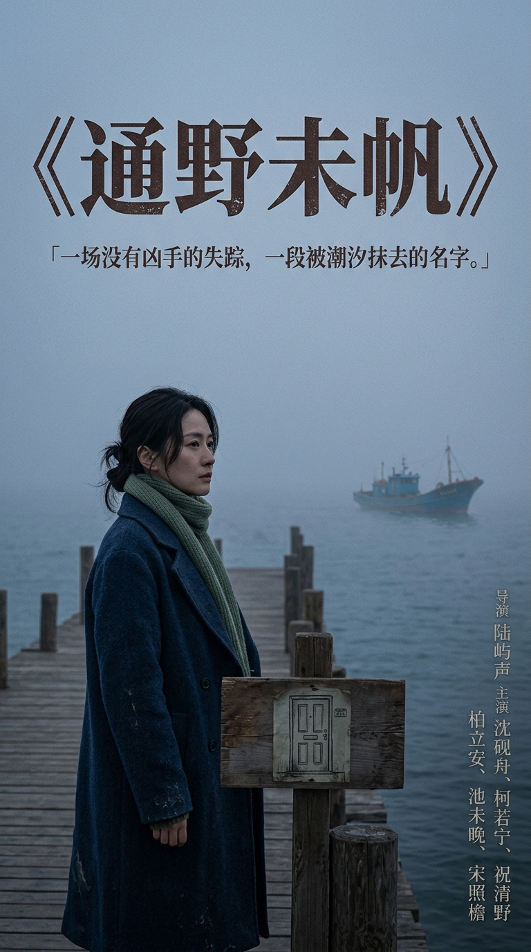 《通野未帆》主视觉海报：雾中的通野码头与退潮滩涂